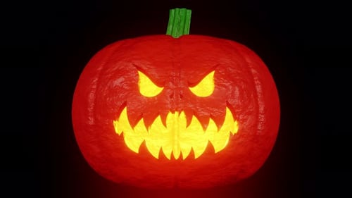 Spooky Red Jack-o'-Lantern Pumpkin with Glowing Halloween Face