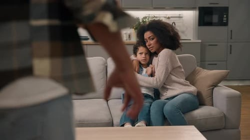 Back View Cruel African American Father Man Dad Threaten Clench Fist Beating Young Girl Daughter