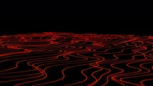 fondo de partículas de líneas de flecha digital de color rojo. Líneas onduladas suaves sobre fondo negro aislado