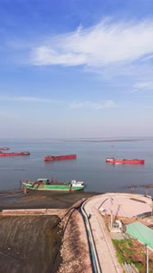 Aerial (Vertical ) View of the Viewpoint and Ships Near the Port in the Morning.