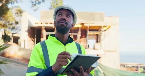 Black man, architect and tablet for inspection of construction planning