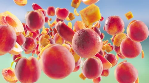 Burst of Peach Peaches Slices in Beach Tropical Summer Background