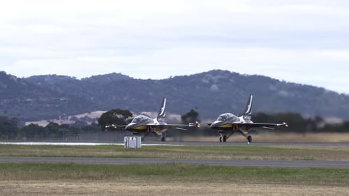 KAI T-50 Golden Eagle Jet Planes During Takeoff At The Airport Tarmac. static