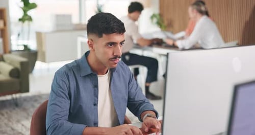Thinking, computer and businessman in office with research for software development project