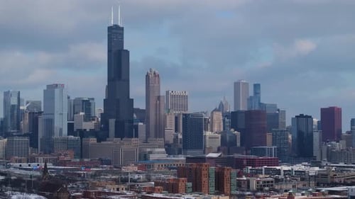 Drone Ascends to Reveal Spectacular Chicago Skyline on Winter Day