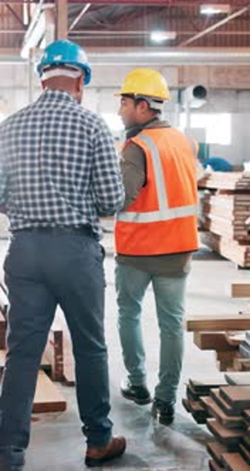 Men, carpenter and tablet at factory, inspection and point for safety, architecture
