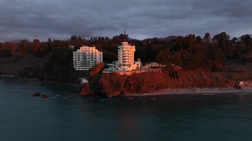 Tsikhisdziri, Georgia - January 2 2025: Aerial view of Castello Mare Hotel at sunset