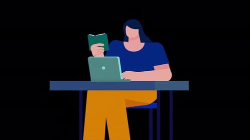 Flat Design Animation of Person Working on Laptop and Reading Book