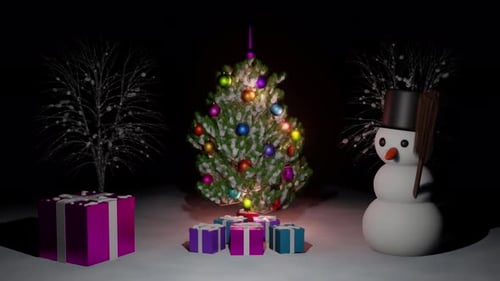Animated Christmas Scene with Snowman, Tree, and Gifts