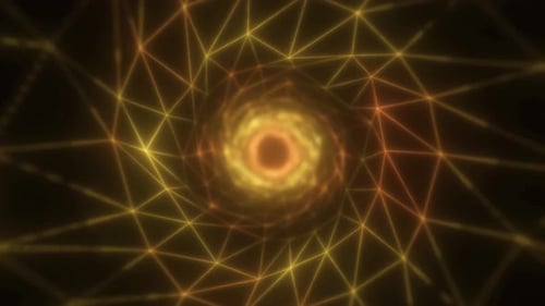 A glowing golden wireframe tunnel spiraling towards a bright center