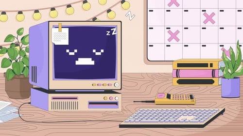Cozy workspace desk with retro computer lofi animation cartoon wallpaper