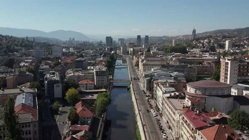 Aerial view of Sarajevo the capital of Bosnia and Herzegovina with the river Miljacka