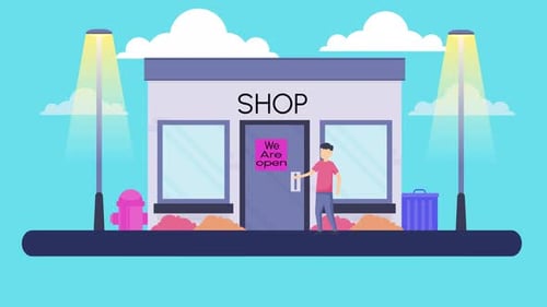 Mann eröffnet ein Geschäft mit Schild Wir sind geöffnet Animation