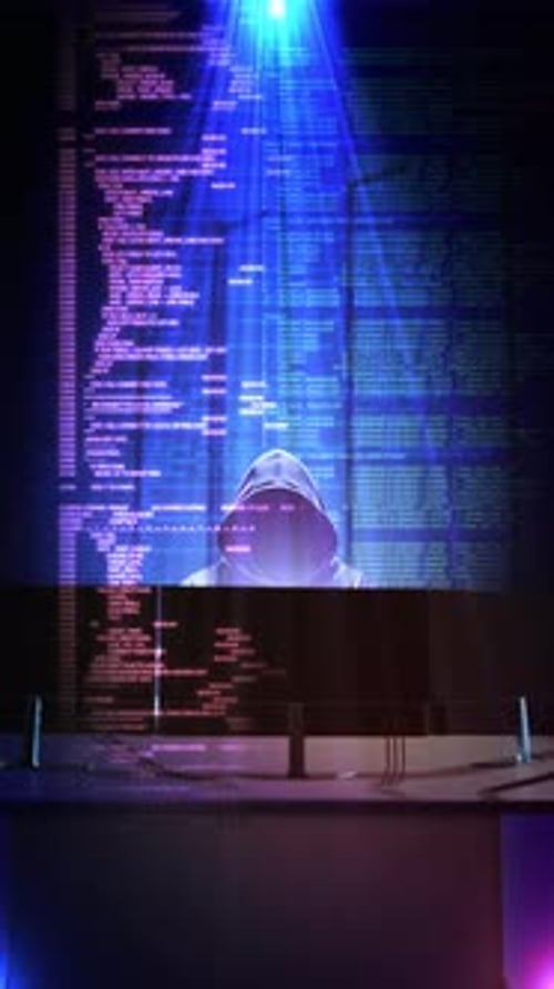 Anonymous Hacker Coding Interface Hooded Figure Computer Glowing Code Interface Cybersecurity