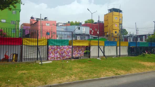 South American ghetto, colorful slum houses at Villa 31 Retiro, panning ...