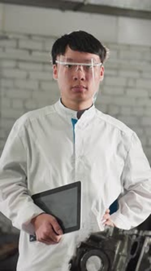 Mechanical Engineer Standing Confidently in Automotive Workshop Holding Tablet