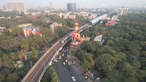 Aerial drone Shot of Delhi Metro at Hanuman Temple Karol Bagh New Delhi India