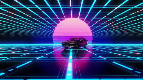 Eine futuristische Retro-Autoszene mit abstraktem Design, beleuchtet von lebendigen Neonlichtern