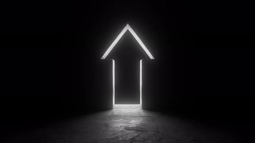 Arrow shaped door opening in dark room, revealing bright light