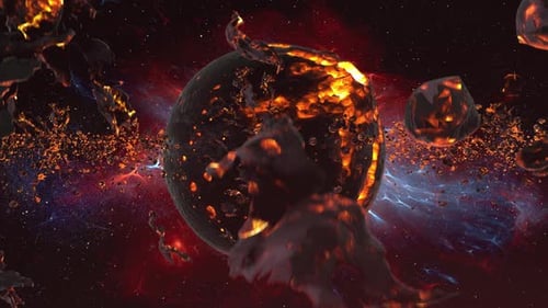 Red Planet dying surrounded by asteroid belt and nebula.