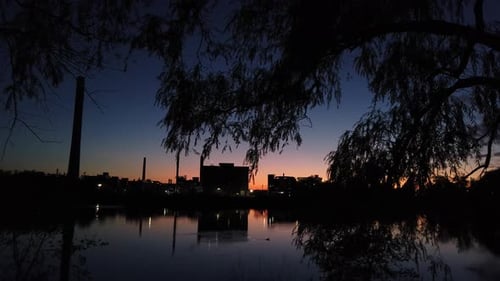 Magic hour at Ashbridges Bay in Toronto, foreground trees, water treatment plant silhouetted