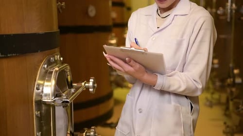 Vigneron professionnel contrôlant le processus de fabrication et la qualité du vin dans une usine vinicole