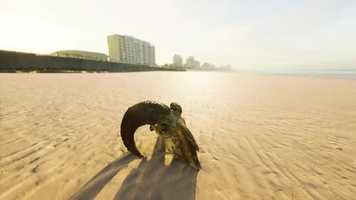 Animal Skull on Sandy Beach at Sunrise with City in Distance