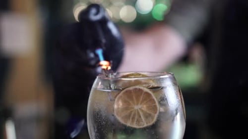 bartender mixologist smoking flaming rosemary garnish citrus vodka tonic cocktail slow motion close