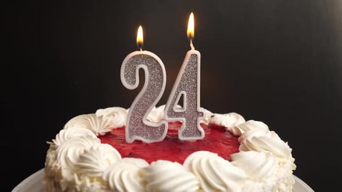 24. A candle in the form of the number 24, inserted into the holiday cake, is blown out. Celebrating