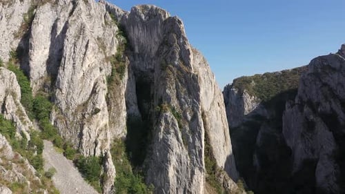 Aerial view of a deep limestone gorge, canyon. Cheile Turzii, Romania