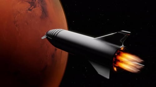 Futuristic Space Rocket Flying Past Red Planet Mars