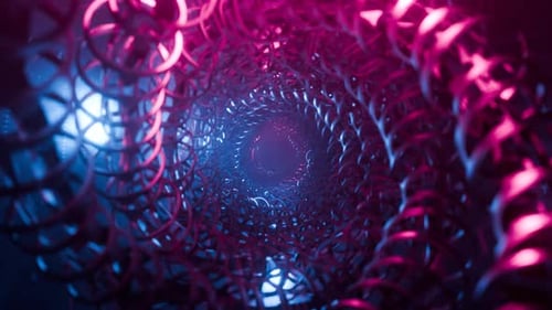 Kamerabewegung in einem futuristischen Tunnel mit leuchtenden Lichtern in Blau und Rosa. Technologischer Hintergrund