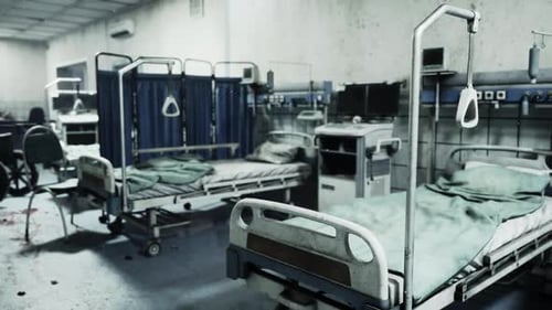 Abandoned and Destroyed Hospital Interior with Empty Beds and Equipment