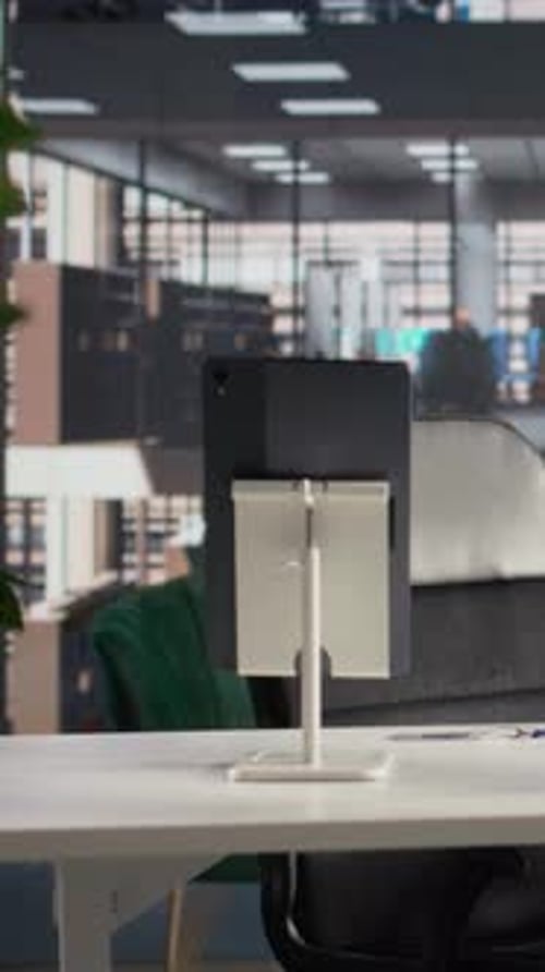 Vertical Video Empty Executive Office Desk with Modern Furniture and Office Supplies
