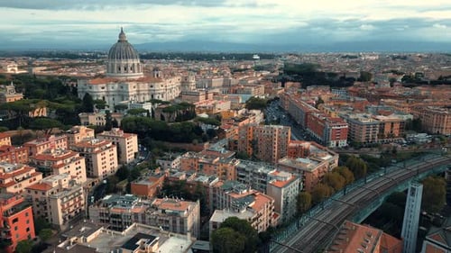 City Rome Italy Europe Vatican City St. Peter the Apostle Square train tracks aerial view drone side