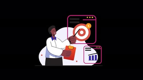 Animated Flat Design Business Person Presenting Corporate Goals and Analytics