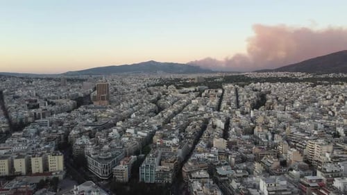 Aerial Shot of Fire near Athens in 2022 Greece Panoramic Cityscape Fire Smoke