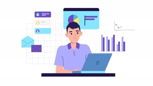 Animated Man Working with Corporate Data and Digital Technology