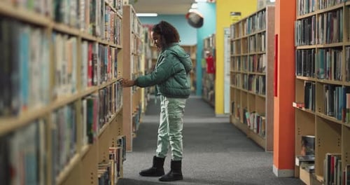 Girl, search and library with bookshelf for knowledge, story or learning literature at bookstore