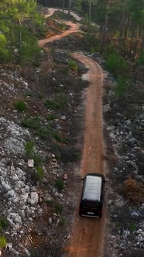 Vertical Video Aerial Marvels Luxurious Black Car Journeying Through the Mysterious Green Forest