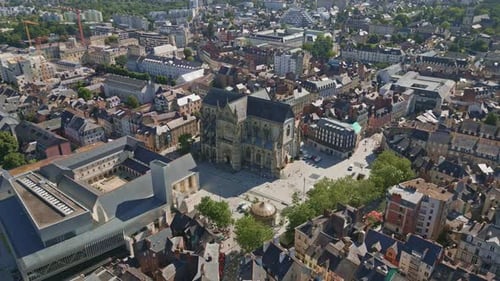 Basilica Saint-Aubin in Place Sainte Anne square and Jacobins convent, Rennes in France. Aerial dron