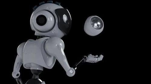 3D Animated Robot Holds Floating Sphere on Black