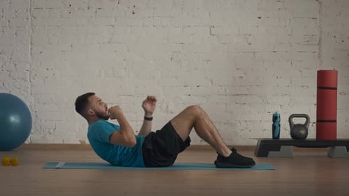 Closeup Shot Man Fitness Coach in Sportswear Doing Side Body Abs Leans Exercise for Online Class at