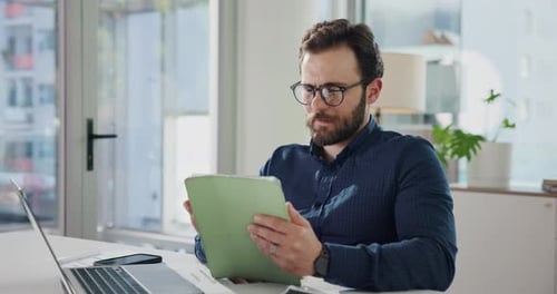 Businessman, smile and tablet in office for administration, online planning or research