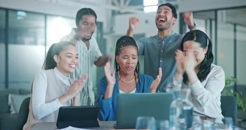 Success, applause or business people with laptop for target achievement