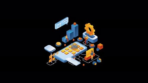 Animated Isometric Smartphone with Data Analysis and Teamwork Concept