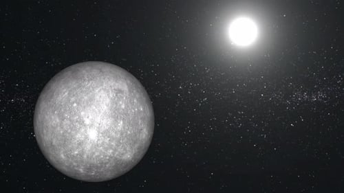 Rotierender Quecksilberplaneten-Kugelgalaxie im Weltraum mit Sonnensystem, Video über Wissenschaft und Technologie. 1429