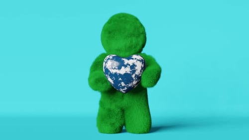 Happy Earth Day card April 22 Cute green grass Yeti character Heart shape planet 3d animation loop