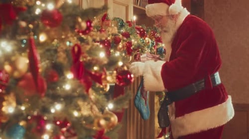 Santa Claus Placing Gift in Christmas Stocking