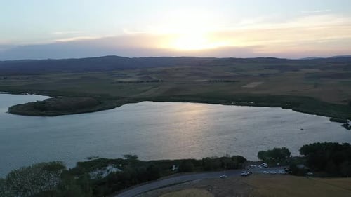 Aerial View Of Lake And Sunset